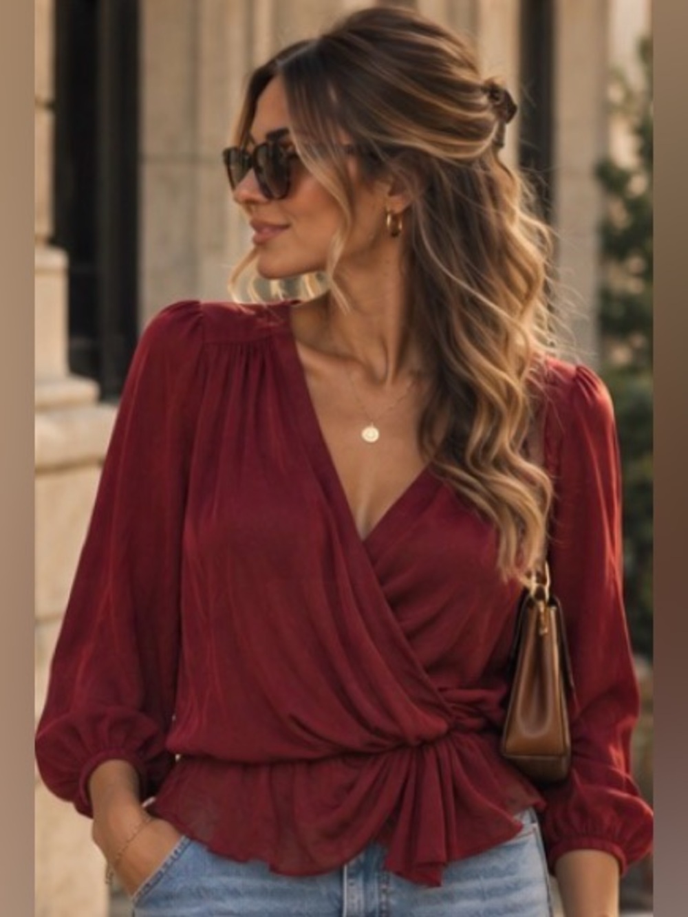 Equipment Femme Burgundy Silk Wrap Peplum Blouse Top S quiet luxury old money